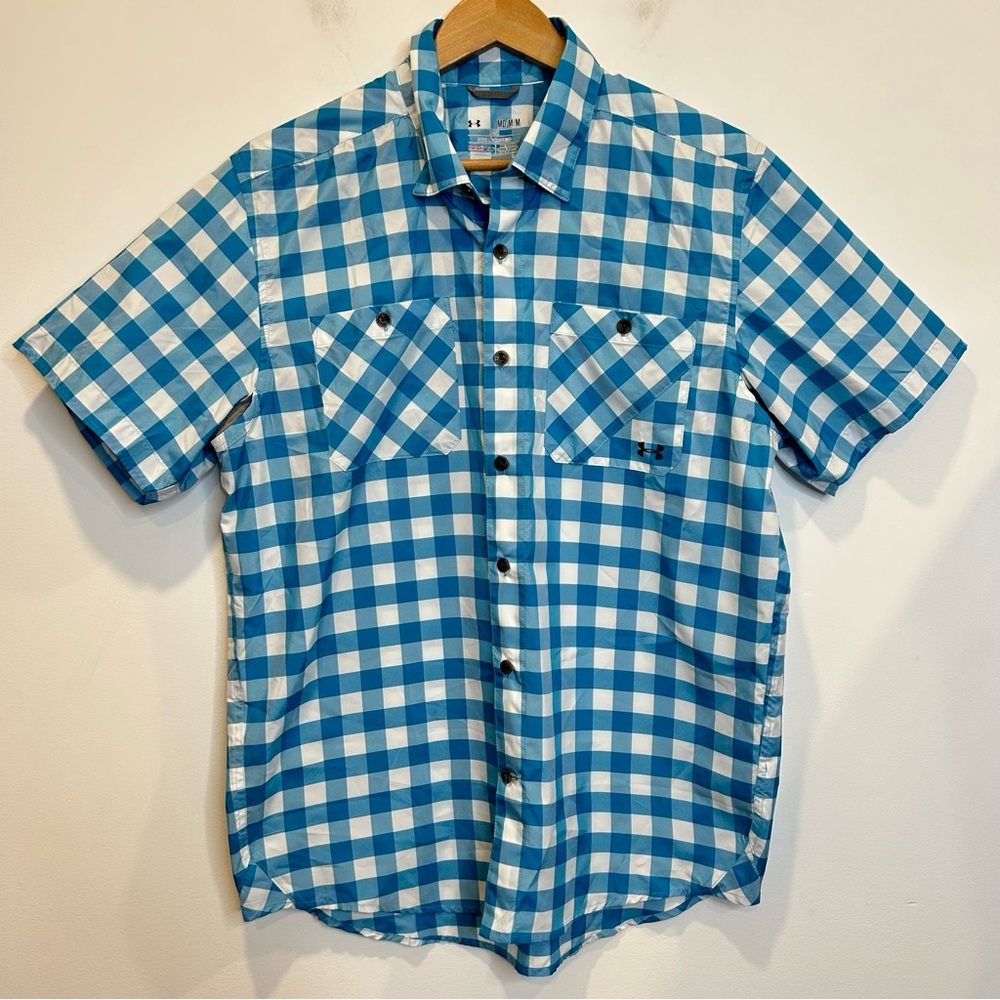Under Armour Men’s CHESAPEAKE Check SHORT SLEEVE Button Up Shirt Blue White